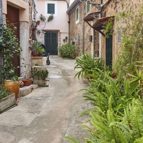 Traditionelle Steingasse in Algaida umgeben von Pflanzen auf Mallorca.